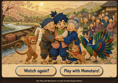 Momotaro celebrating with his friends and village community